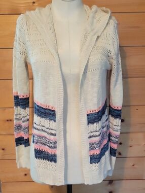 Long Sleeve Cardigan Knit Sweater Neutral Stripe Lightweight Girls Med 10-12